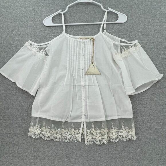 Mistic Prysm Blouse Womens Small White Cold Shoulder Lace Pleated Button Up NEW - Picture 1 of 11